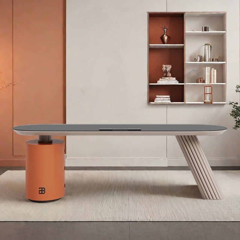 Bureau en granite avec bureau simple, Orange/crème, H 29,53 po x l 70,87 po x P 27,56 po