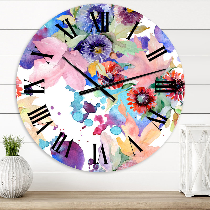 Horloge murale moderne Vibrant Wild Spring Leaves and Wildflowers, Petit