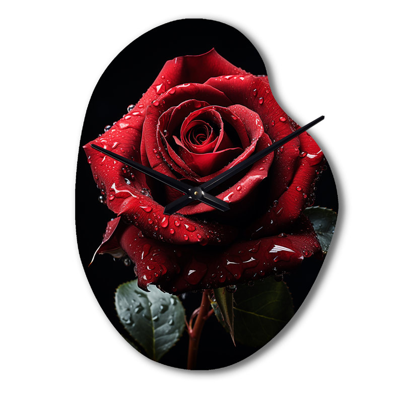 Rouge, noir, rose, Elegance I - Rose, forme unique, horloge murale en métal, impression traditionnelle asymétrique, Grand