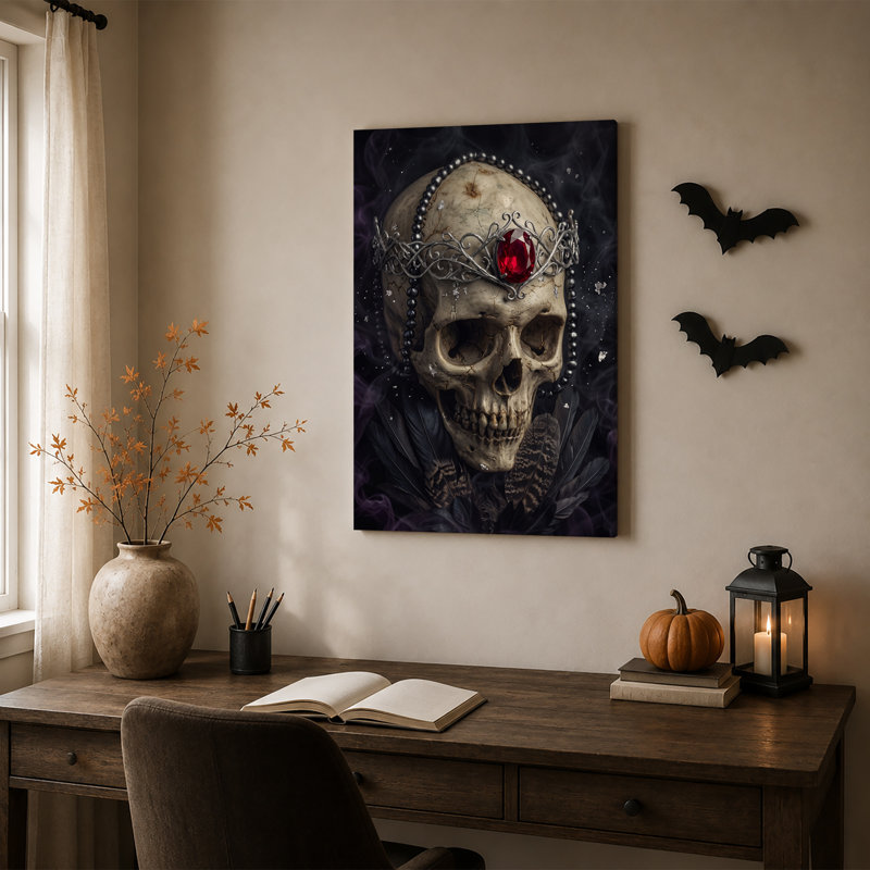 Crâne fissuré avec couronne argentée et gemme rouge, art sur toile d'Halloween, H 24 po x l 16 po