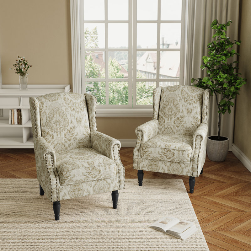 Duward Damask White Floral Upholstered Wingback Accent Chair with Nailhead Trim, Damask White 