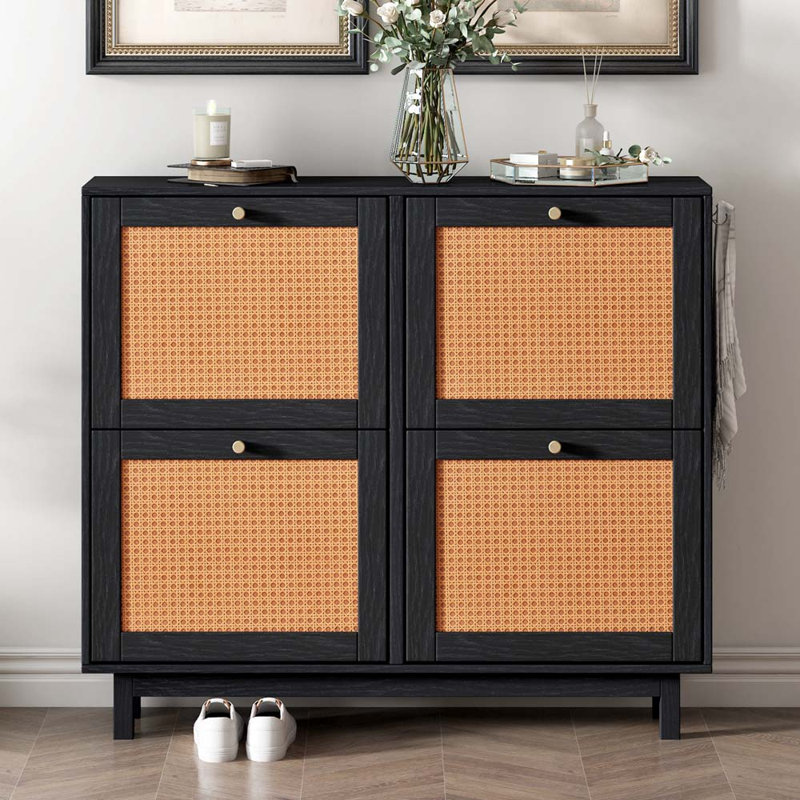 Armoire à chaussures Highworth Rattan Boho, Noir