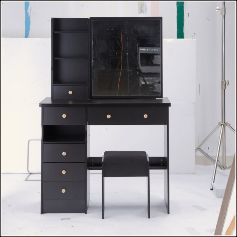 Meuble-lavabo de 37 po de taille moyenne avec tiroir à gauche et tabouret rembourré, très grand miroir coulissant à droite, rangement multi-couches à grande capacité, commode pratique et pratique, convient aux grands espaces