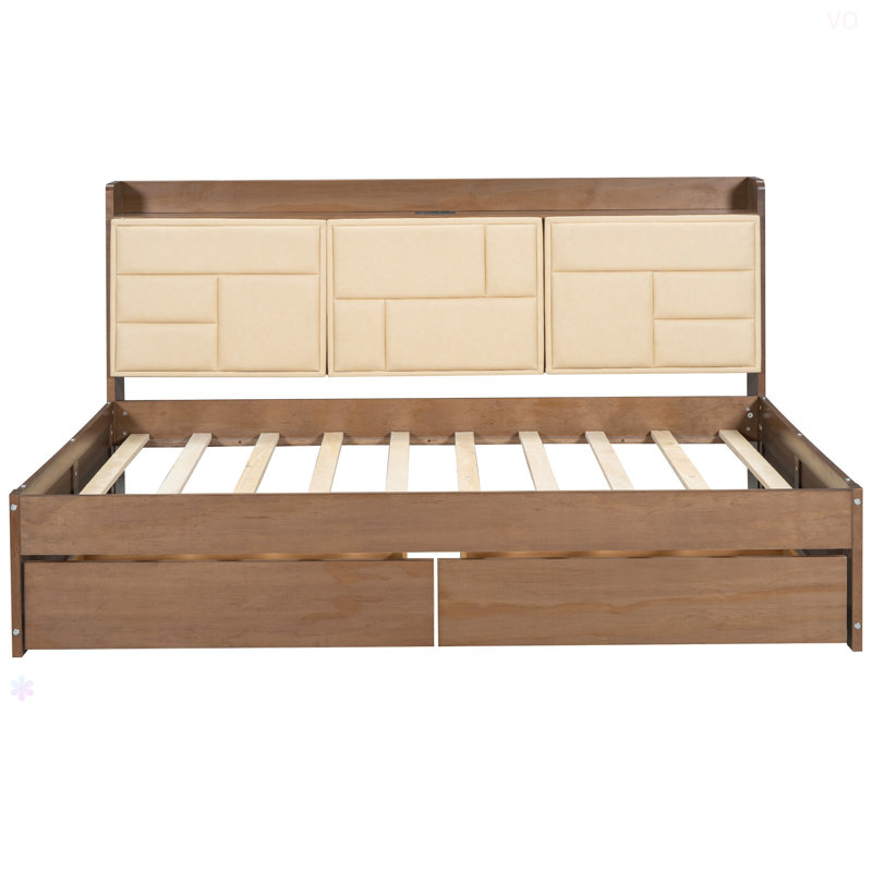 Lit de jour en bois avec tablettes de rangement rembourrées, ports USB et 2 tiroirs, Lit double