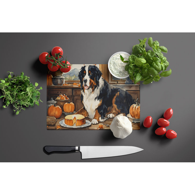 Bernese Mountain Dog Fall Kitchen Pumpkins Glass Cutting Board Large