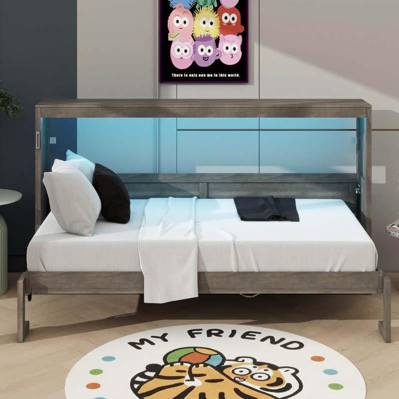 Lit escamotable simple avec éclairage à DEL, transformable en armoire, Brun