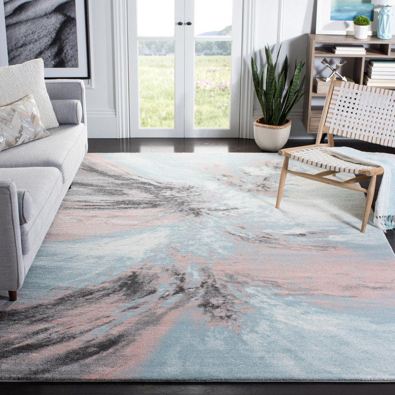 Tapis abstrait rose / bleu / gris Donnovan, Rectangle 6 pi 7 po x 9 pi