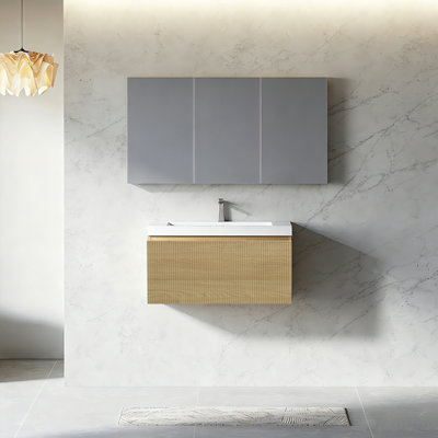 Meuble-lavabo mural moderne flottant 30 po en chêne naturel avec plateau en résine blanc brillant