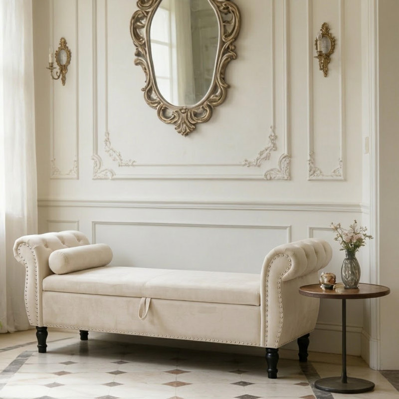 Velvet Upholstered Storage Bench, Beige