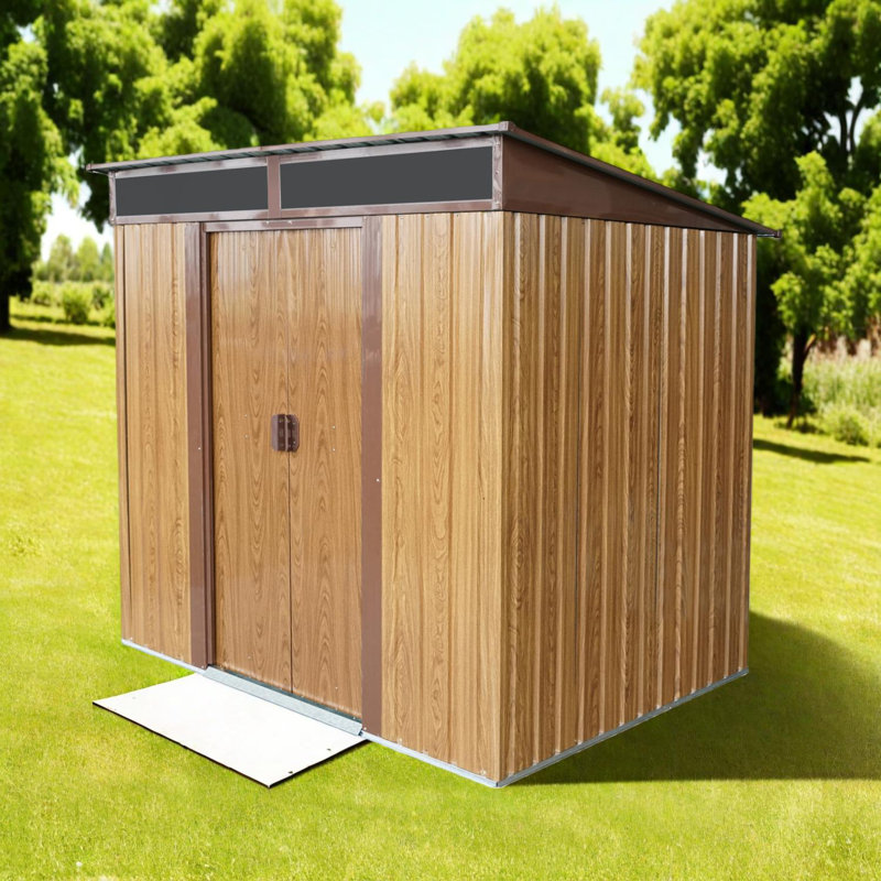 6 x 5 Ft Outdoor Metal Storage Shed with Foundation Frame, Sliding Double Doors and Clerestory Windows