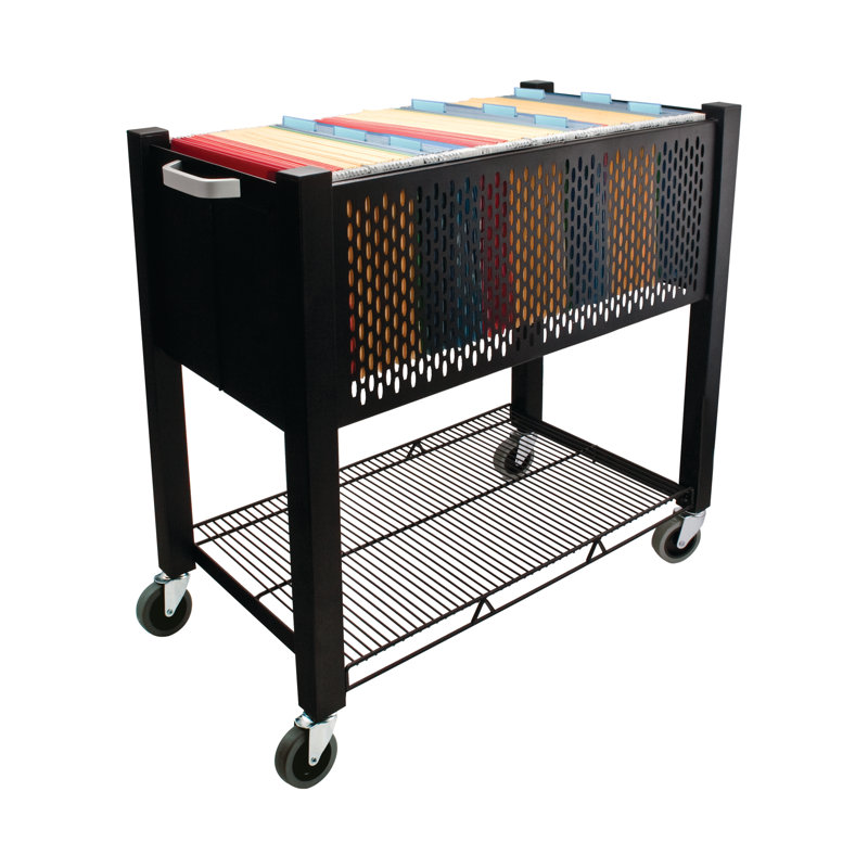 Black Steel Mobile File Cart with Push Handle and Locking Wheels