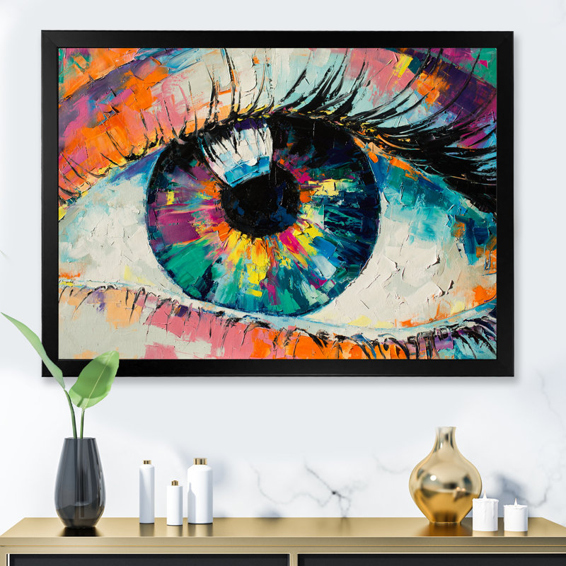 Œil de femme coloré turquoise - Œuvre d'art moderne sur toile, H 30 po x l 40 po x P 1,5 po, Toile avec cadre noir