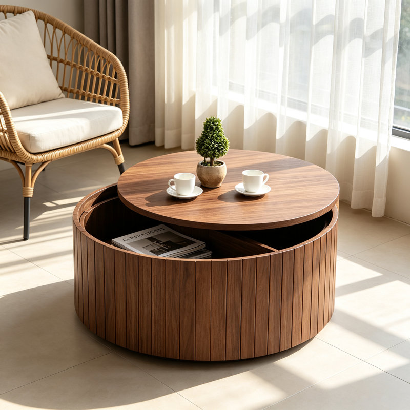 Table basse ronde moderne avec rangement Table à thé d'appoint pour le salon, la chambre à coucher, sans assemblage, Noyer