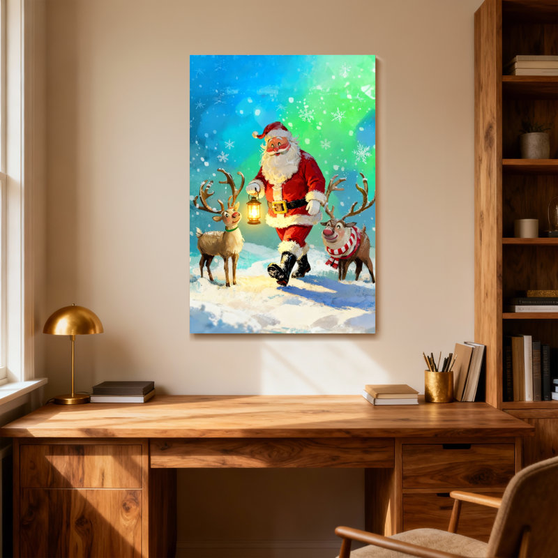 Noël père Noël avec renne dans un paysage enneigé, H 18 po x l 12 po