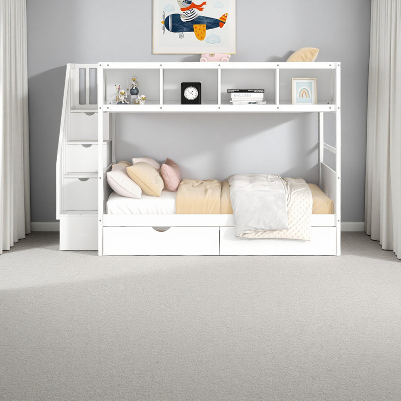 Lit superposé simple au-dessus de double avec tablettes, escalier de rangement et 2 tiroirs, Blanc