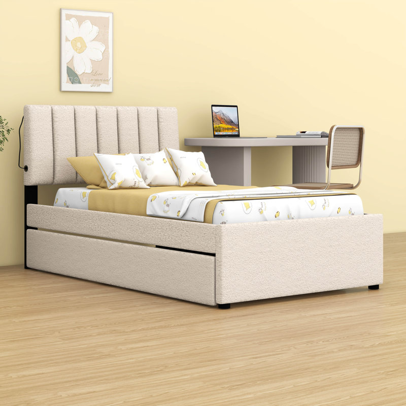 Lit plateforme tapissier simple Teddy, Beige