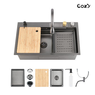 30" L Drop-In Single Bowl Stainless Steel Kitchen Sink Workstation Sink with Faucet, Cutting Board and Basket Strainer