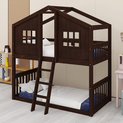 House-Shaped Bunk Bed with Safe Climbing Ladder