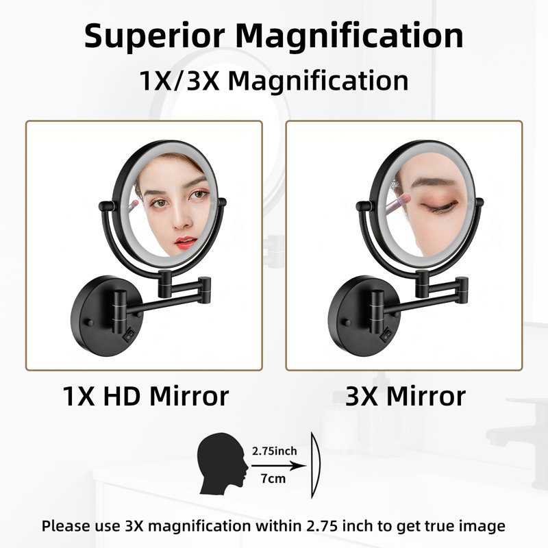 Miroir de maquillage grossissant double face à DEL, mural, 8 pouces, rallonge de 12 pouces, noir mat