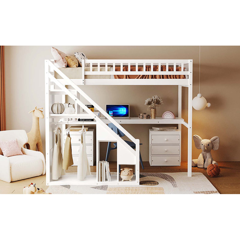 Lit mezzanine simple avec deux commodes, bureau et bande lumineuse, Lit simple, Blanc