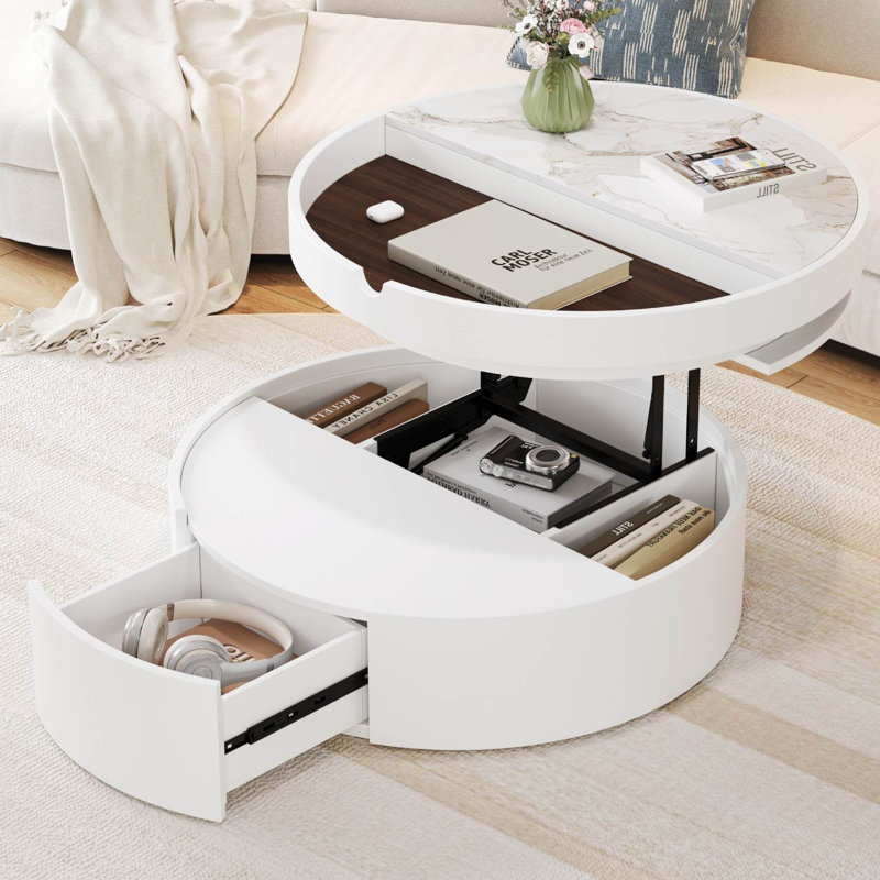 Table basse ronde à plateau relevable avec tiroir