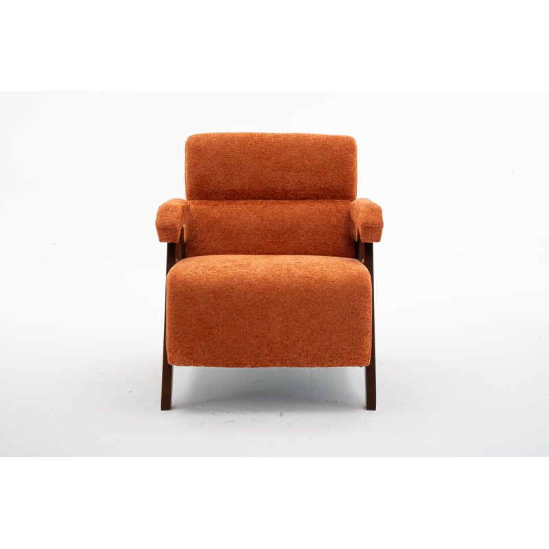  Mid Century Modern Accent Chair – Solid Wood Frame, Tufted Orange Polyester Upholstery with Thick Cushion