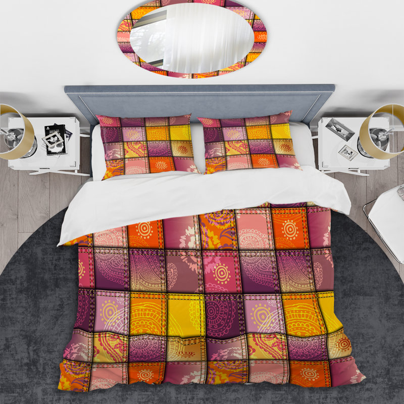 Ensemble de housse de couette en microfibre orange / mauve / rouge / jaune, Housse de couette pour très grand lit et 2 très