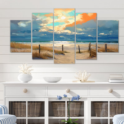 Plage, chemin menant à l'océan, peinture II - art mural sur toile plage - 5 panneaux