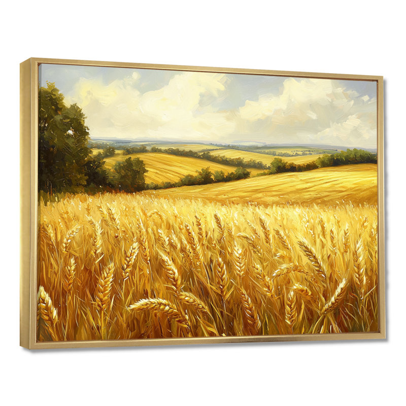Paysage champêtre doré dans la lumière de l'été III - Art mural campagne, H 34 po x l 44 po, Cadre flottant, Doré