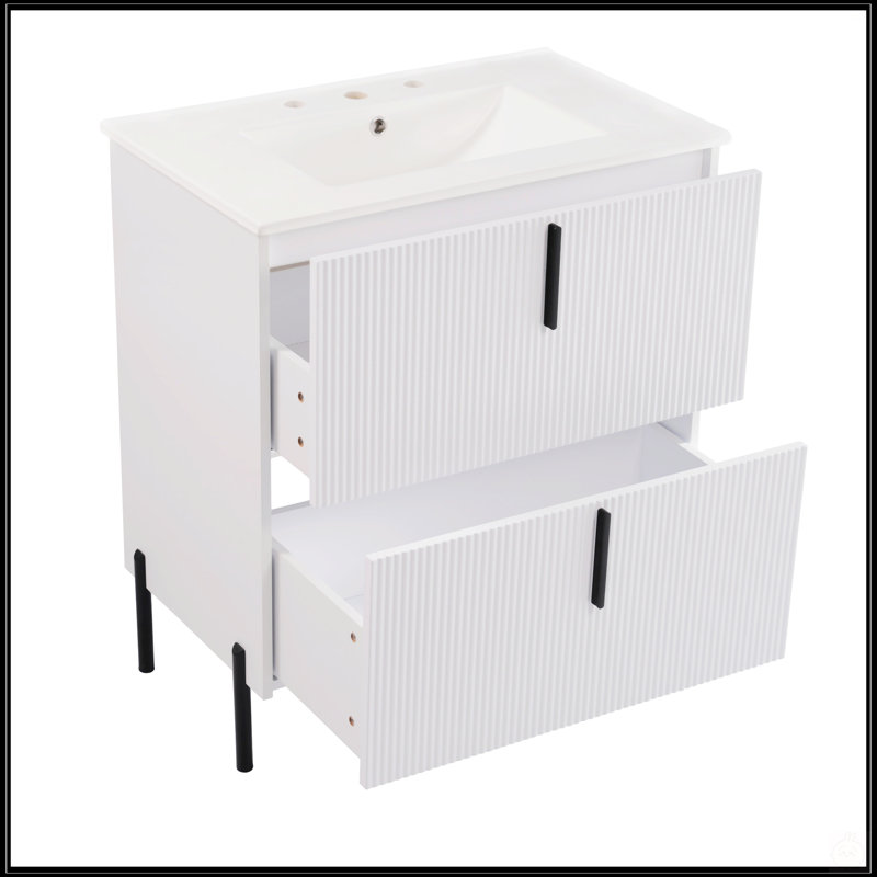 Meuble-lavabo de 30 pouces avec lavabo en céramique, tiroirs pleine extension, glissières à fermeture en douceur, conception cannelée