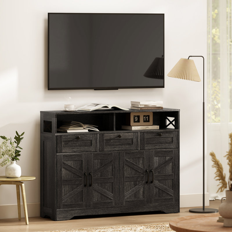 Buffet, buffet avec 4 portes de grange et 3 tiroirs brun foncé, Marron foncé