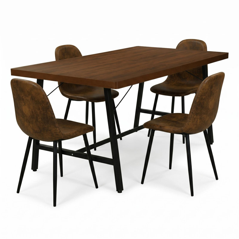 5-Piece Rectangular Wood-Look Dining Table Set With 4 Upholstered Dining Chairs, Brown