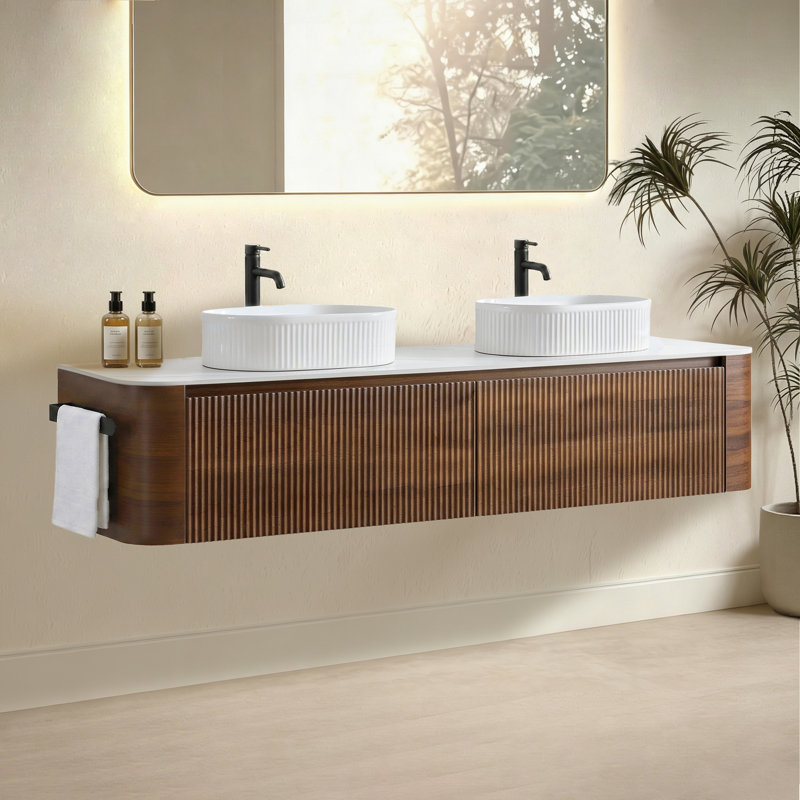 Meuble-lavabo cannelé avec armoire de rangement et tiroirs Avalon, 72