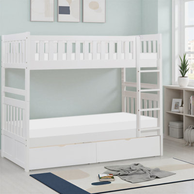 Izaskun Transitional Wood Twin over Twin Bunk Bed with Under Bed Storage Boxes, Protective Guard Rails & Integrated Ladder