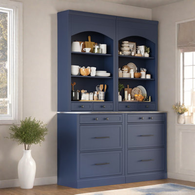 Modern High Kitchen Pantry With Faux Marble Top, 5 Drawers And An Adjustable Shelf, Set Of 2