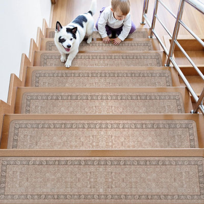 Vintage Stair Treads For Wooden Steps Indoor 15PCS 30"X8" Non-Slip Stair Runner Carpet Stair Treads Mats Staircase Step Treads For Kids, Elders And Dogs, Rubber Step Covers