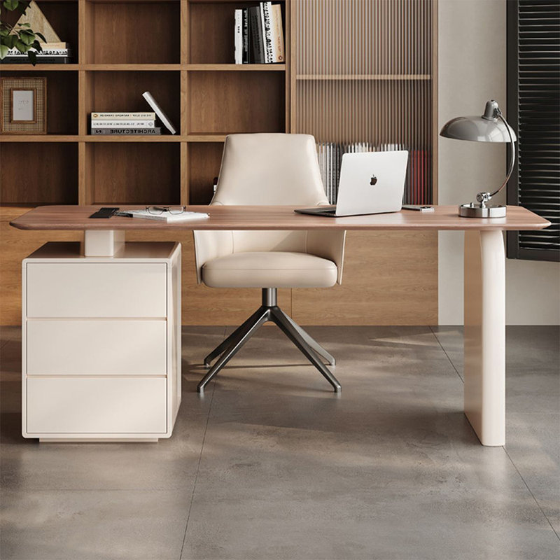 Bureau rectangulaire à 3 tiroirs en bois manufacturé brun noisette + blanc crème, H 29,53 po x l 62,99 po x P 27,56 po