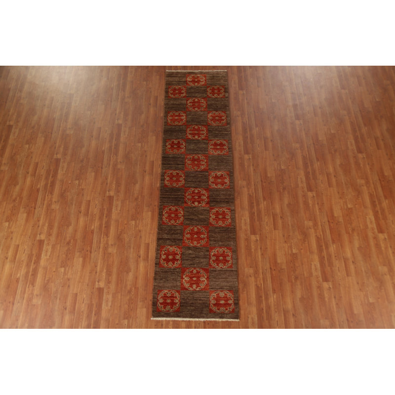 Tapis de couloir brun en laine noué à la main à motif géométrique 2 pi 8 po x 10 pi 4 po