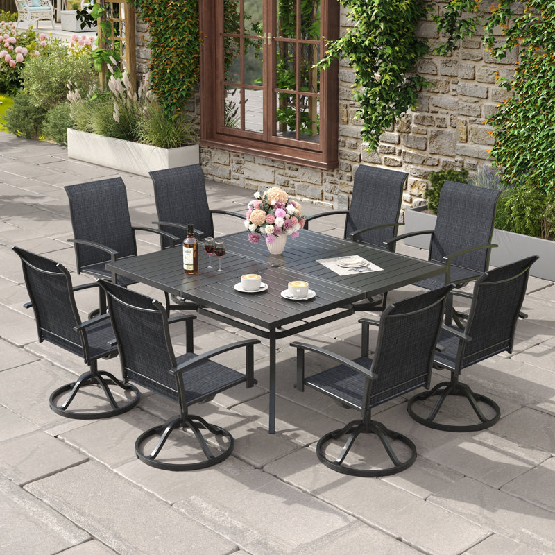 8-Person Outdoor Square Patio Dining Set With Swivel Armchairs, Black