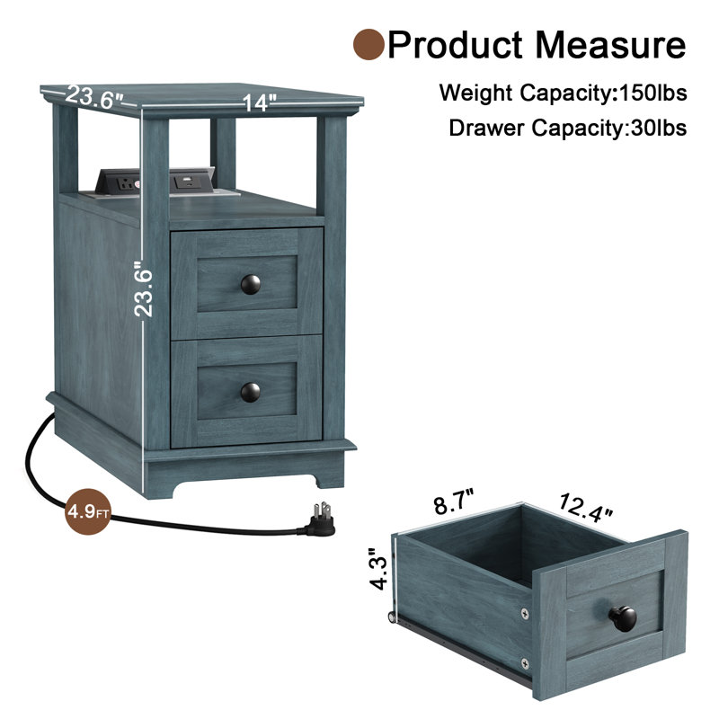 2 Drawers End Tables with Storage and Fast Charging Station for Living Room, Blue