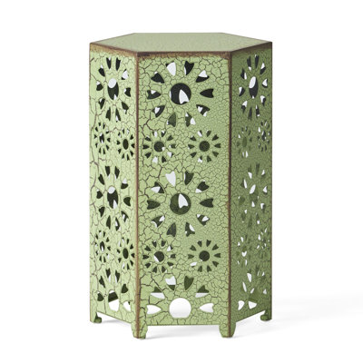 Iron Side Table, Crackle Finish - 13.83"D X 13.83"W 22.42"H, Cut Out For Outdoor Enjoyment Patio Table With Lightweight Design