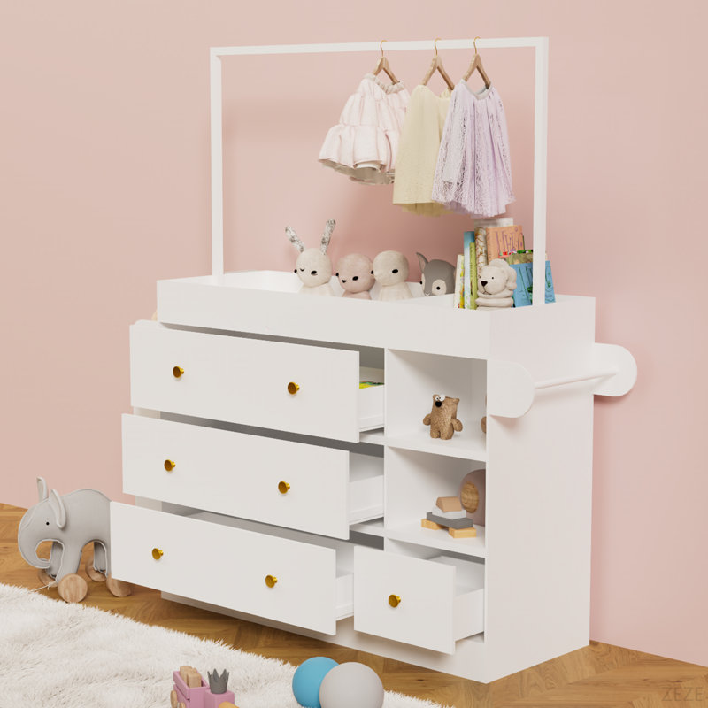 Commode de table moderne, table à langer avec 3 tiroirs très profonds, tablettes de rangement et cintres, table à langer multifonctionnelle avec séchoir pour chambre de bébé
