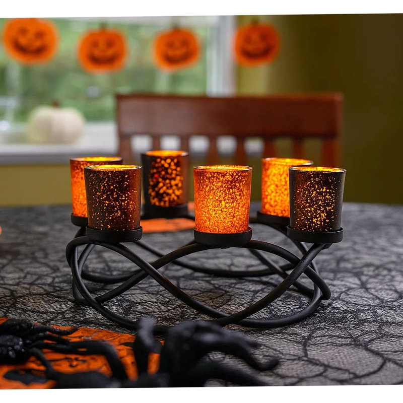 Round Table Votive Candle Holder Centerpiece, Black/Orange