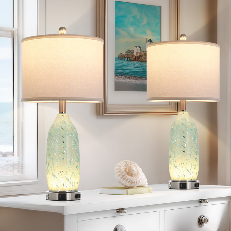 26" Coastal Glass USB Table Lamps with Touch Control & Night Light, Light Blue