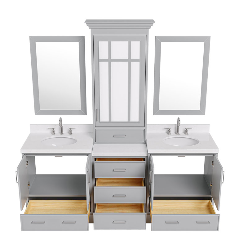84.25'' Double Bathroom Vanity with Carrara Quartz Top, Gray