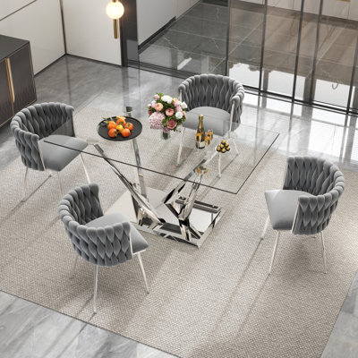 Modern Rectangle Tempered Glass Pedestal Dining Set with Velvet Woven Dininig Chair
