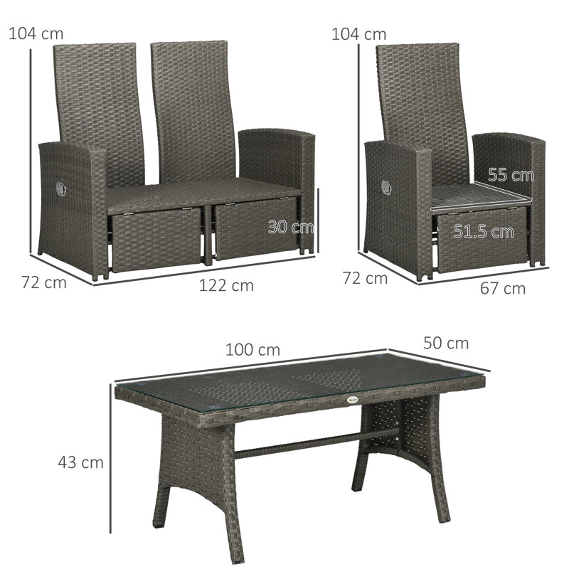 Outsunny 4 Piece Rattan Garden Furniture Set with Adjustable Backrest Grey