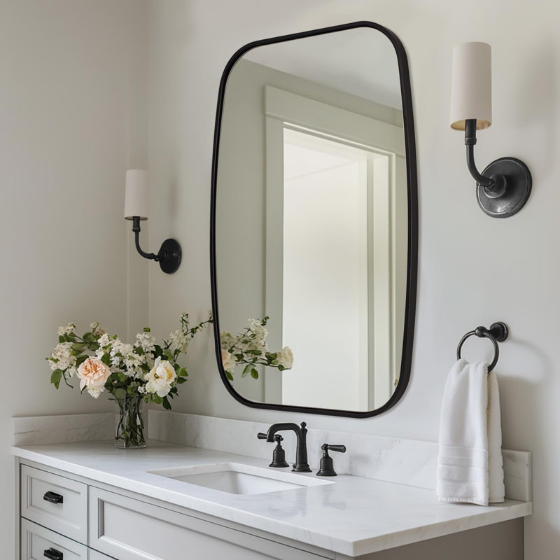 Miroir de salle de bain contemporain | Cadre épais en acier inoxydable, Noir mat, 36 po x 24 po