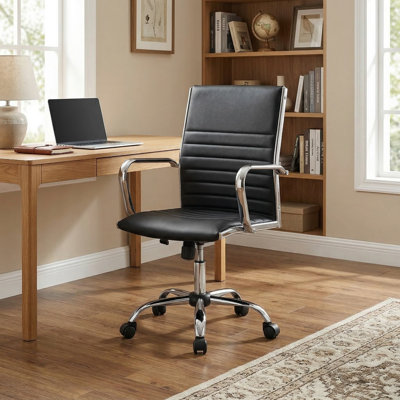 Modern Style High Back Ribbed Upholstered Office Desk Chair With Soft Padded Armrests For Home Office Study Workstation Conference Room