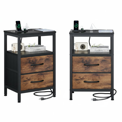 Nightstand with Charging Station and 2 Fabric Drawers, Bedside Table with USB Ports and Outlets, End Table with Open Shelf